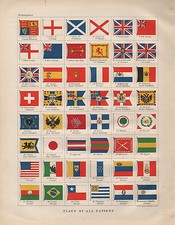 1900 VICTORIAN PRINT ~ FLAGS OF NATIONS FRANCE JAPAN BURMA SWITZERLAND MOROCCO