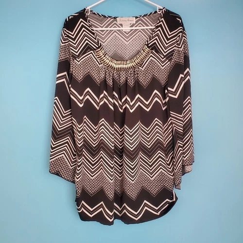 Fashion Avenue Blouse Women's Size Large Black & White Long Sleeve