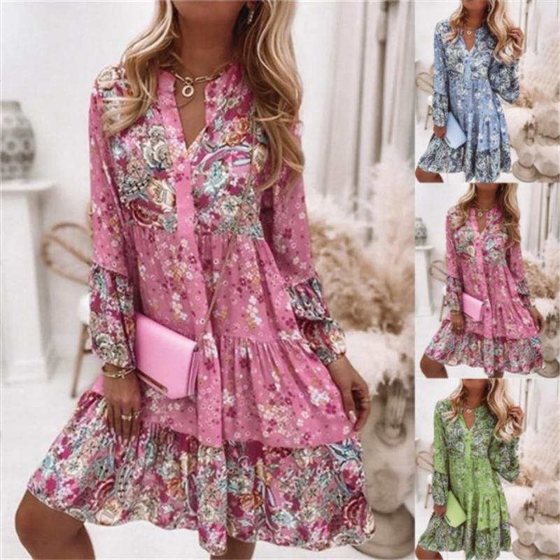 Womens VNeck Long Sleeve Ladies Holiday Casual Midi Dresses Boho