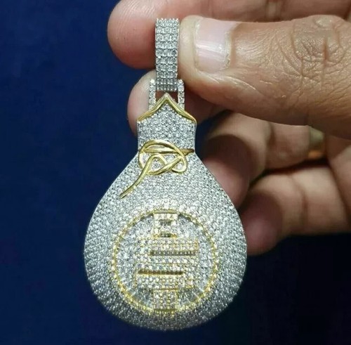 14K Yellow Gold Plated Silver 3 CT Round Cut Real Moissanite Money Bag Pendant - Picture 4 of 8
