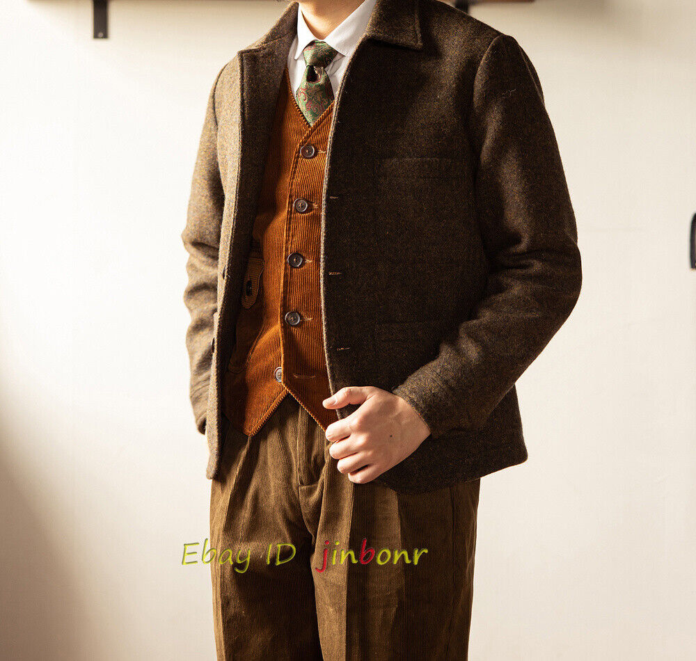 French Work Jacket Winter Warm Men's Wool Tweed Coat Vintage Casual Pockets  Top