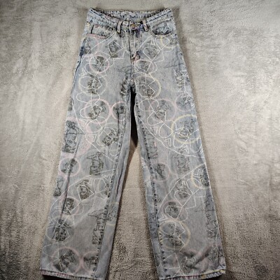 Adika Jeans S Graffiti Print Faded Denim Wide Leg Streetwear High Waist 5 Pocket
