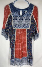 Sundance Boho Blue Red Mixed Paisley Floral Lightweight V-Neck Dress Sz XS