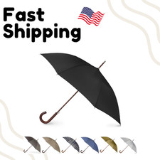 Auto Open Black Umbrella with Wooden Handle Classic J Stick Design 48 Inch