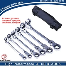 6PC Double Box End Flex Head Ratcheting Wrench Set Metric 8-19 Pouch W/ Bag 180°