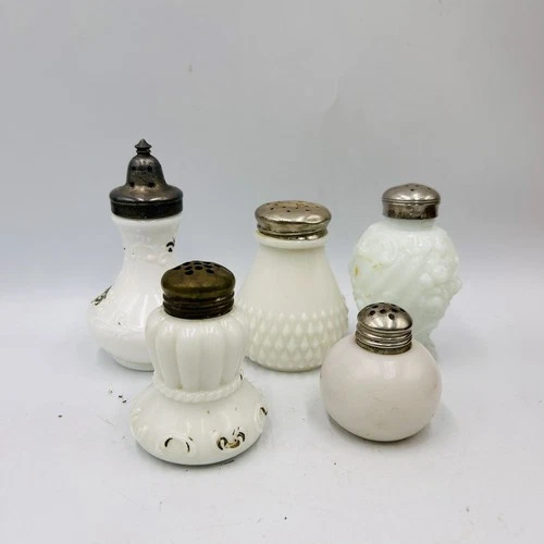 5 Antique Eapg Milk Glass Mixed Lot Salt Shakers