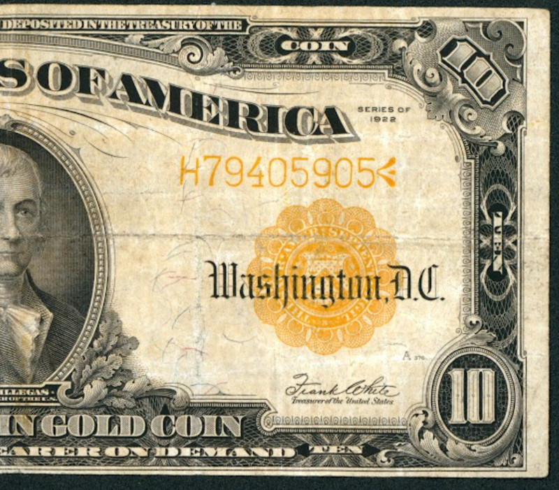 $10 1922 GOLD CERTIFICATE ** DAILY CURRENCY AUCTIONS