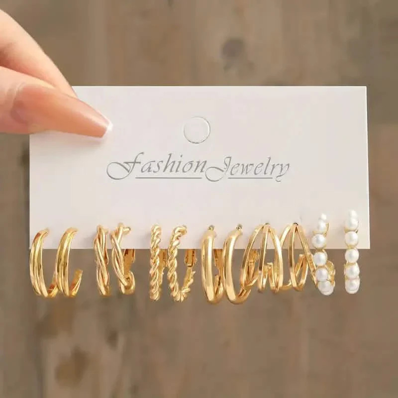 Gold-Tone Hoop Earrings Set with Faux Pearls