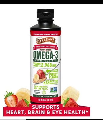 Barlean's Omega-3 Flax Oil Liquid 2,968mg Strawberry Banana Vegan 16oz Non-GMO