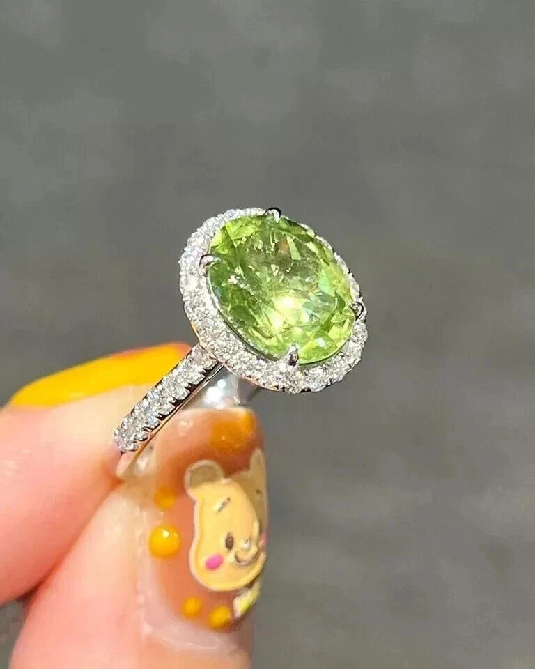 14K White Gold Oval 3.60 Ct Natural Peridot Diamond Bridal Wedding Ring Solid - Image 2 of 4