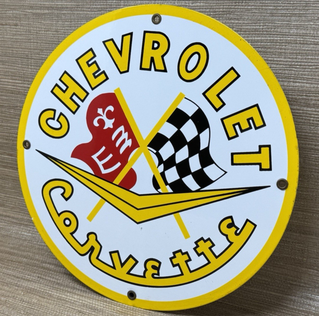 VINTAGE CHEVROLET CORVETTE PORCELAIN SIGN GENERAL MOTORS DEALERSHIP GAS OIL FORD