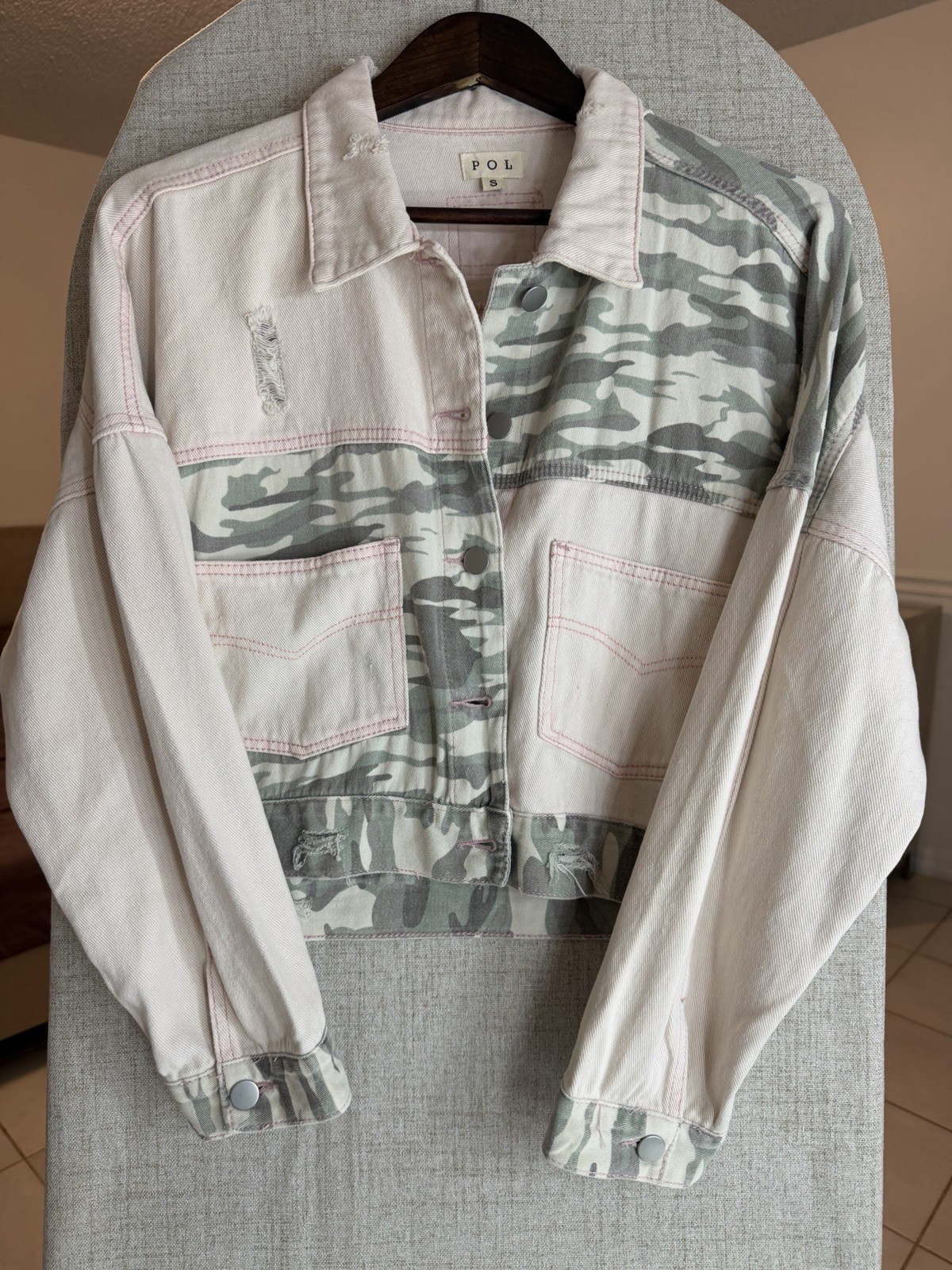 POL Camouflage Patch Distressed Jacket Women S Co… - image 1