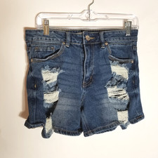 Almost Famous Jean Shorts Women's Junior's 7 Mid Rise Blue Denim Distressed