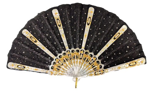 Antique Black Lace With Metallic Sequin Mother of Pearl Sticks Fan c. late 1800s