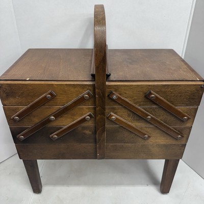 Vtg Strommen Bruk Hamar Accordian Wood Sewing Basket Storage Chest w/ Supplies