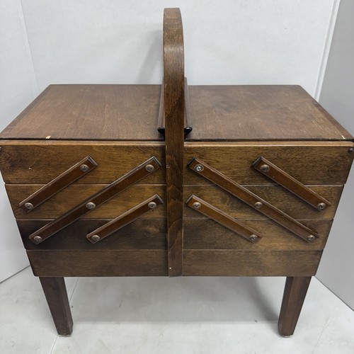 Vtg Strommen Bruk Hamar Accordian Wood Sewing Basket Storage Chest w/ Supplies