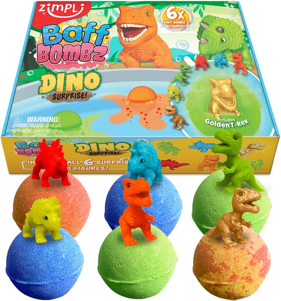 ZIMPLI - 6 X Large Dino Surprise Bath Bombs, 6 Surprise Dinosaur Toys Included,
