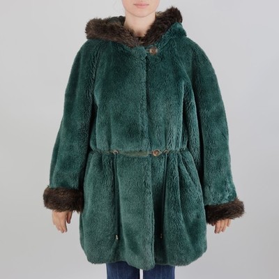 SPORTMAX by Max Mara Hooded Faux Fur Coat Green Trim Drawstring Waist Size S