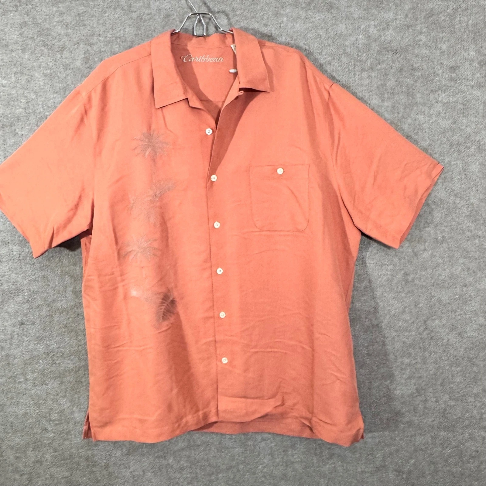 Caribbean Button Up Shirt Mens XL Salmon Palm Tree Embroidered Coastal