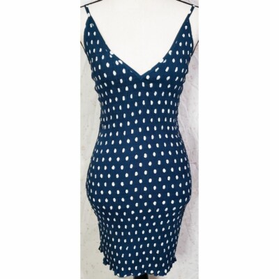Seek The Label Dress Small Mini Bodycon Stretch Blue Polka Dot Ruched Short  | eBay