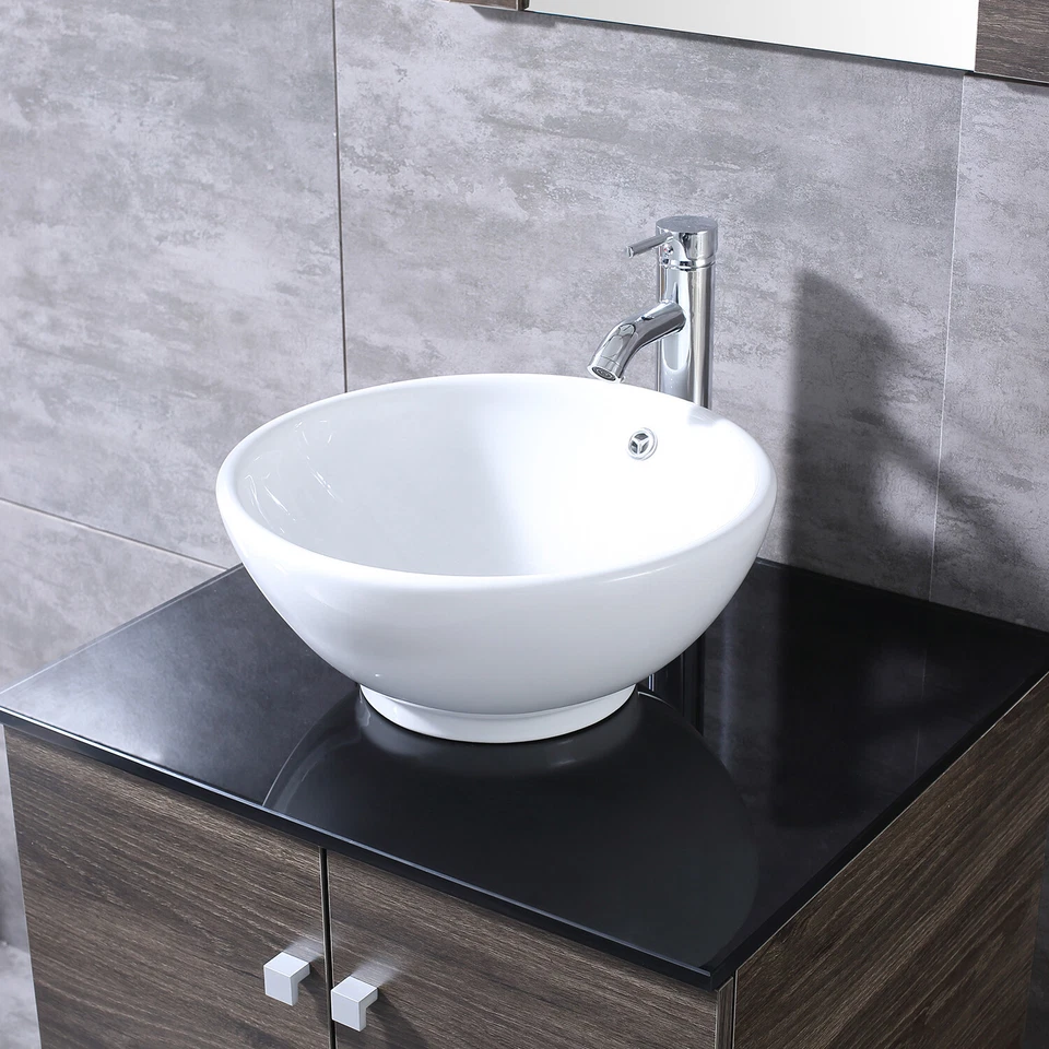 Tocador de baño de 24" mueble de madera fregadero de cerámica marrón espejo combo con grifo de desagüe Foto 3 de 4