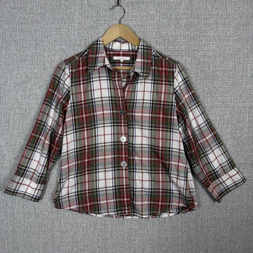 Foxcroft Sz 12P Plaid Wrinkle Free Button Down 3/4 Sleeve Top Shirt Black Red