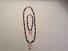 Plastic bead 17 " Necklace  7 " Bracelets, black,  silver color with pendent