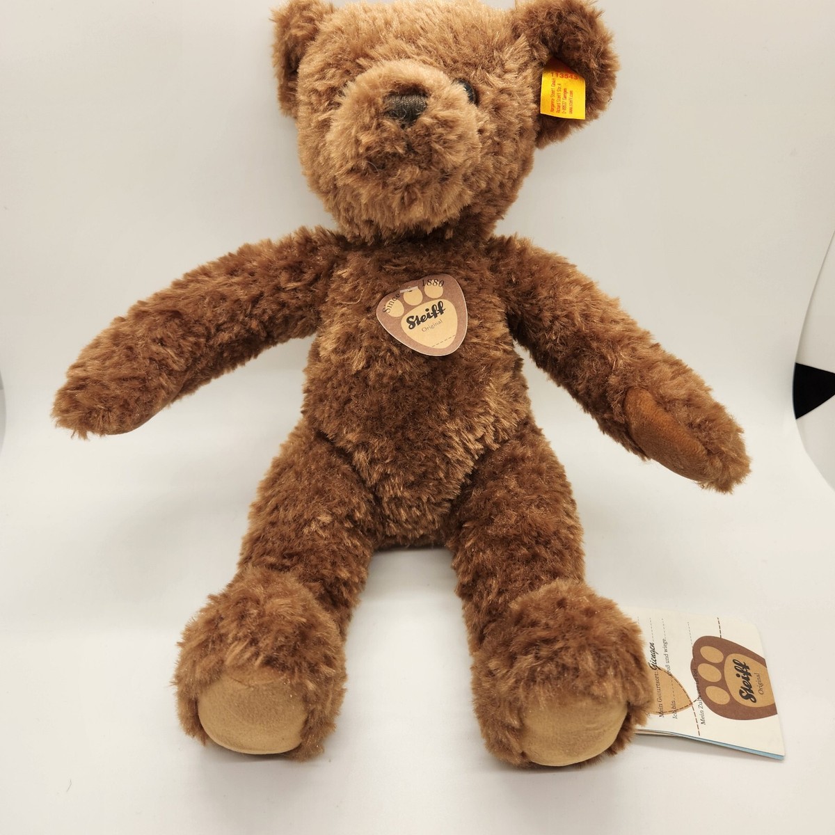 NWT Steiff Brown Teddy Bear Silky Soft Curly Fur Stuffed Plush Toy