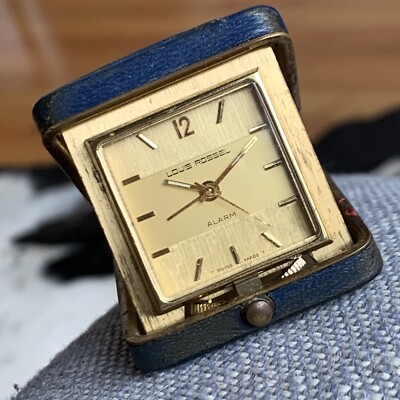Vintage 60's Louis Rossel Travel Alarm Clock - Gold Tone & Blue Leather