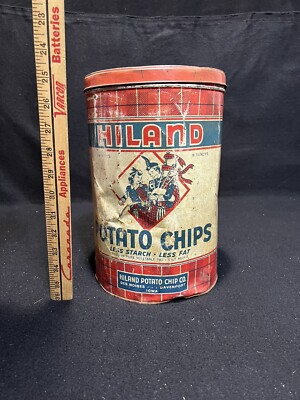Vintage Hiland Potato Chip Tin Des Moines Davenport Iowa Patina