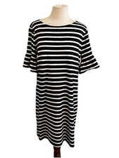 Nautical J Crew Dress Sz Med  Black White Bell Sleeve Shift Stripe Coastal