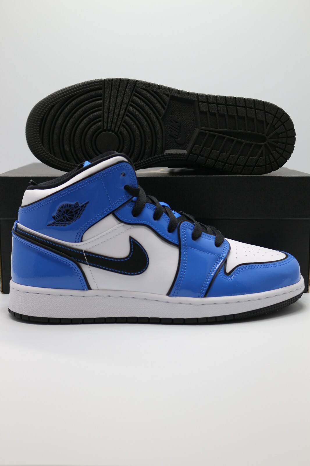 blue and white patent leather jordan 1