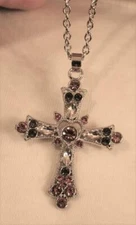 Delightful Sparkling Violet, Pink & White Heart Center Cross Silvertone Necklace