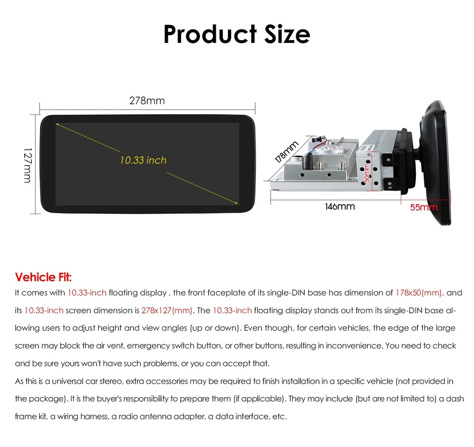 Single 1 Din Rotatable 10.3'' Android12 Apple CarPlay Car Stereo Radio GPS 6+64G - Image 4 of 4