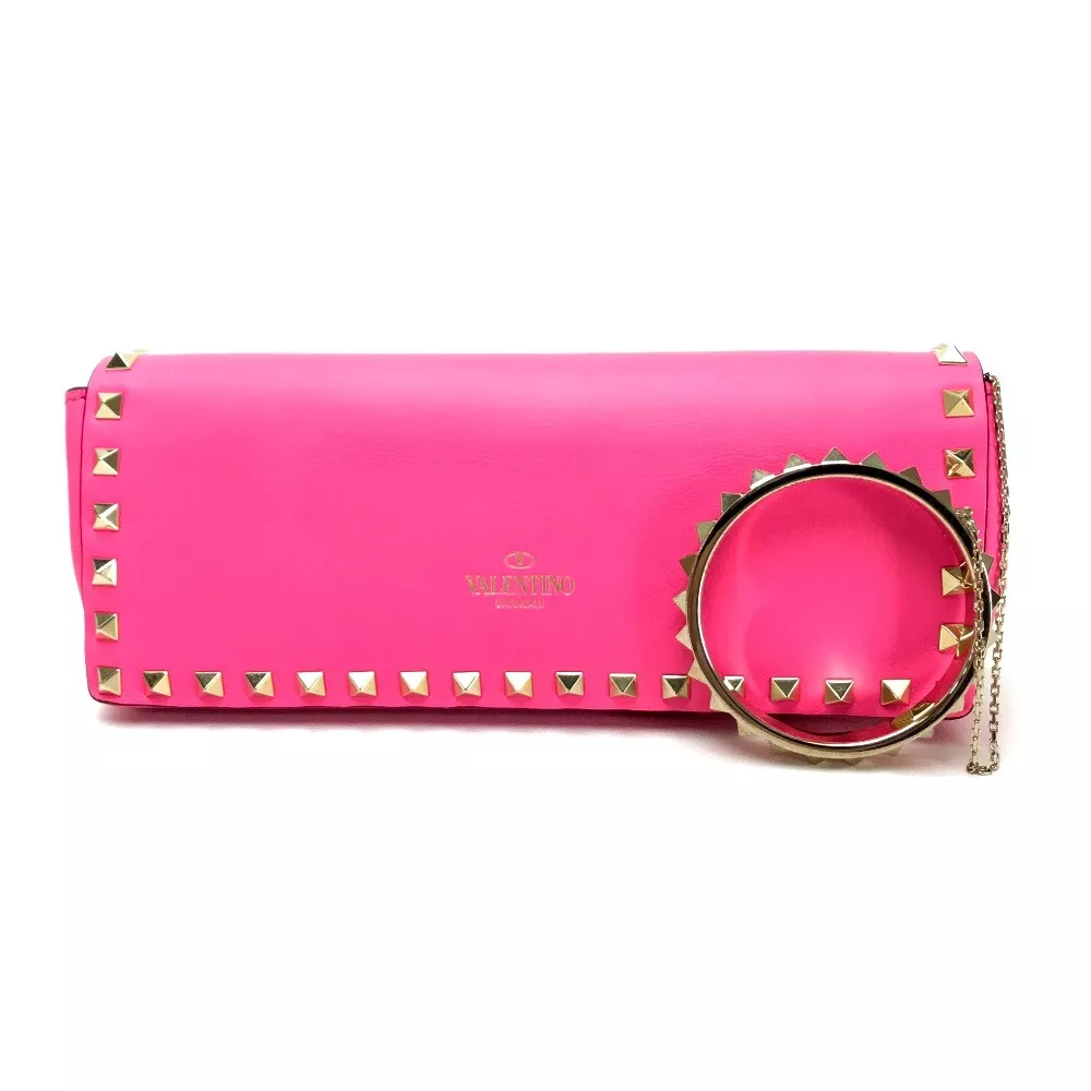 VALENTINO GARAVANI Rock Studs Leather Clutch Bag Shocking Pink