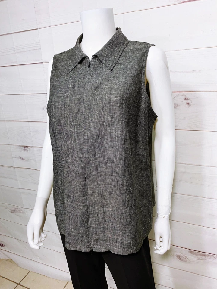 Liz Claiborne Womens Top Size 16 Gray Front Zip Collared Sleeveless 100% Linen — 第 3/4 张图片