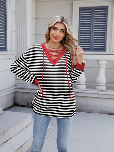 Striped T-Shirt Lace-Up Crisscross V Neck Long Sleeve Blouse Top - Picture 45 of 52