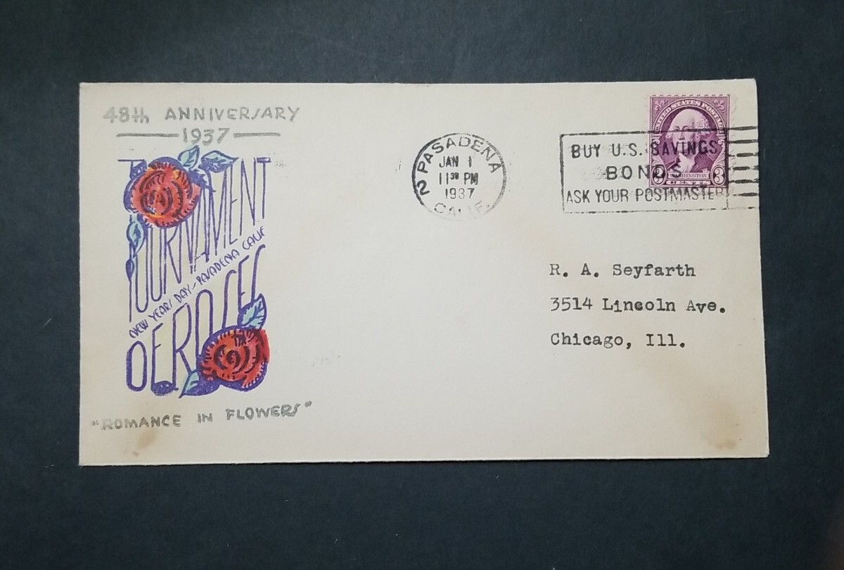 US Stamps 1937 Tournament of Roses 48th Aniv. Pasadena, CA Postal
