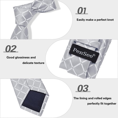 Mens Silver Grey Tie Checkered Tie Classic Necktie 3.15" 8CM Plaid Ties For M... - Picture 5 of 7