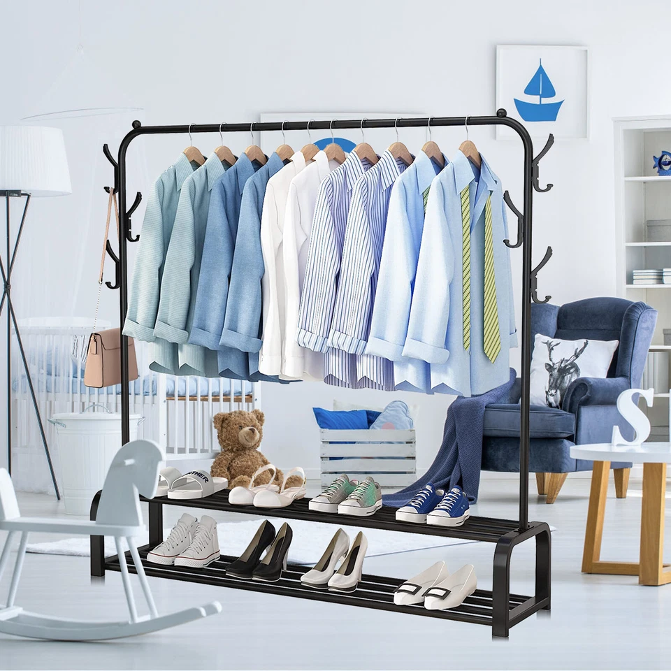 Garment Rack Single Rail Hanging Heavy Duty Clothes Storage Shelf Shoe Organizer - Image 2 of 4