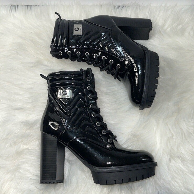 Guess Lace Up Combat Platforms Patent Boot Black Quilted