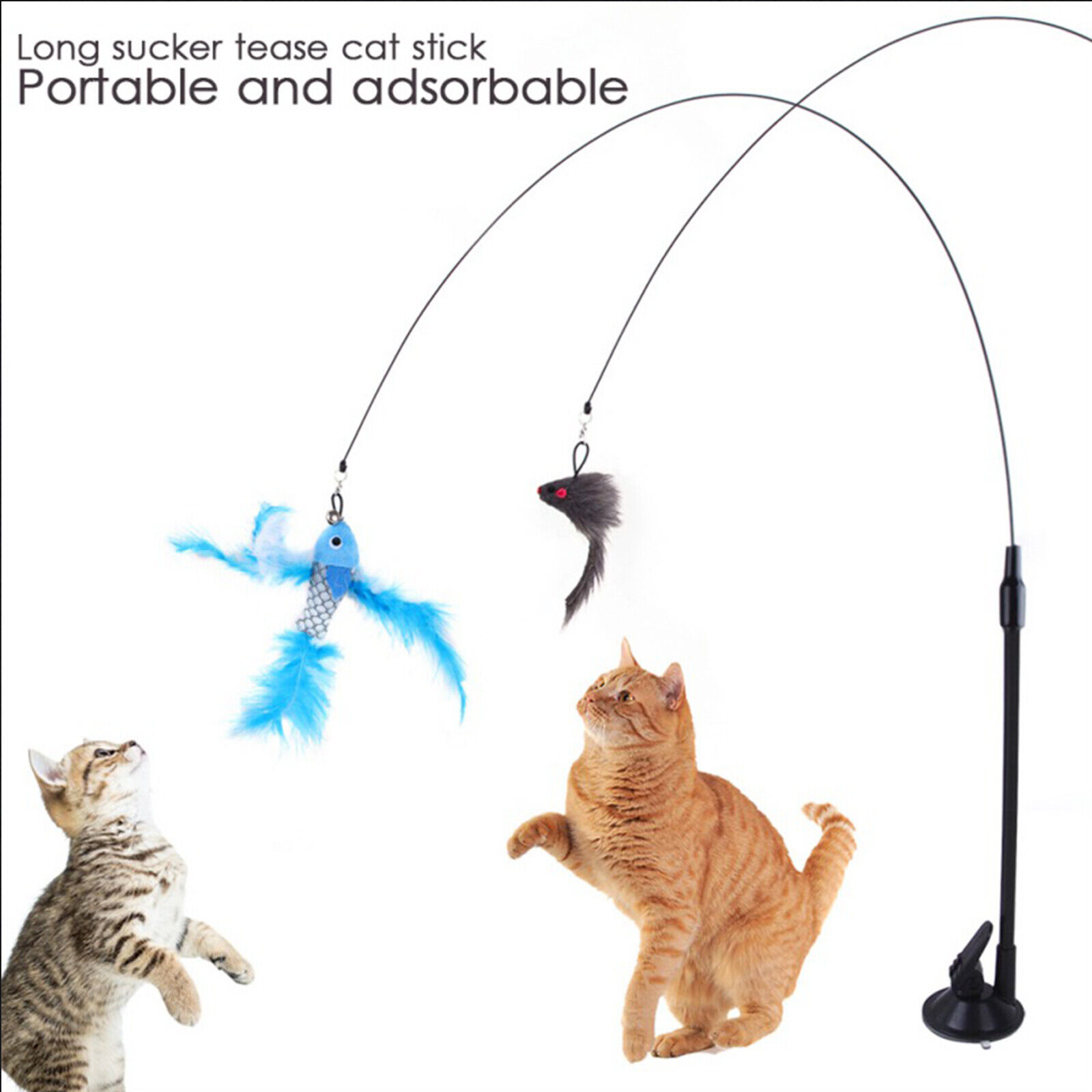 Cat Teaser Wire Wand Fish Funny Rod Fishing Feather Bell Stick Pet