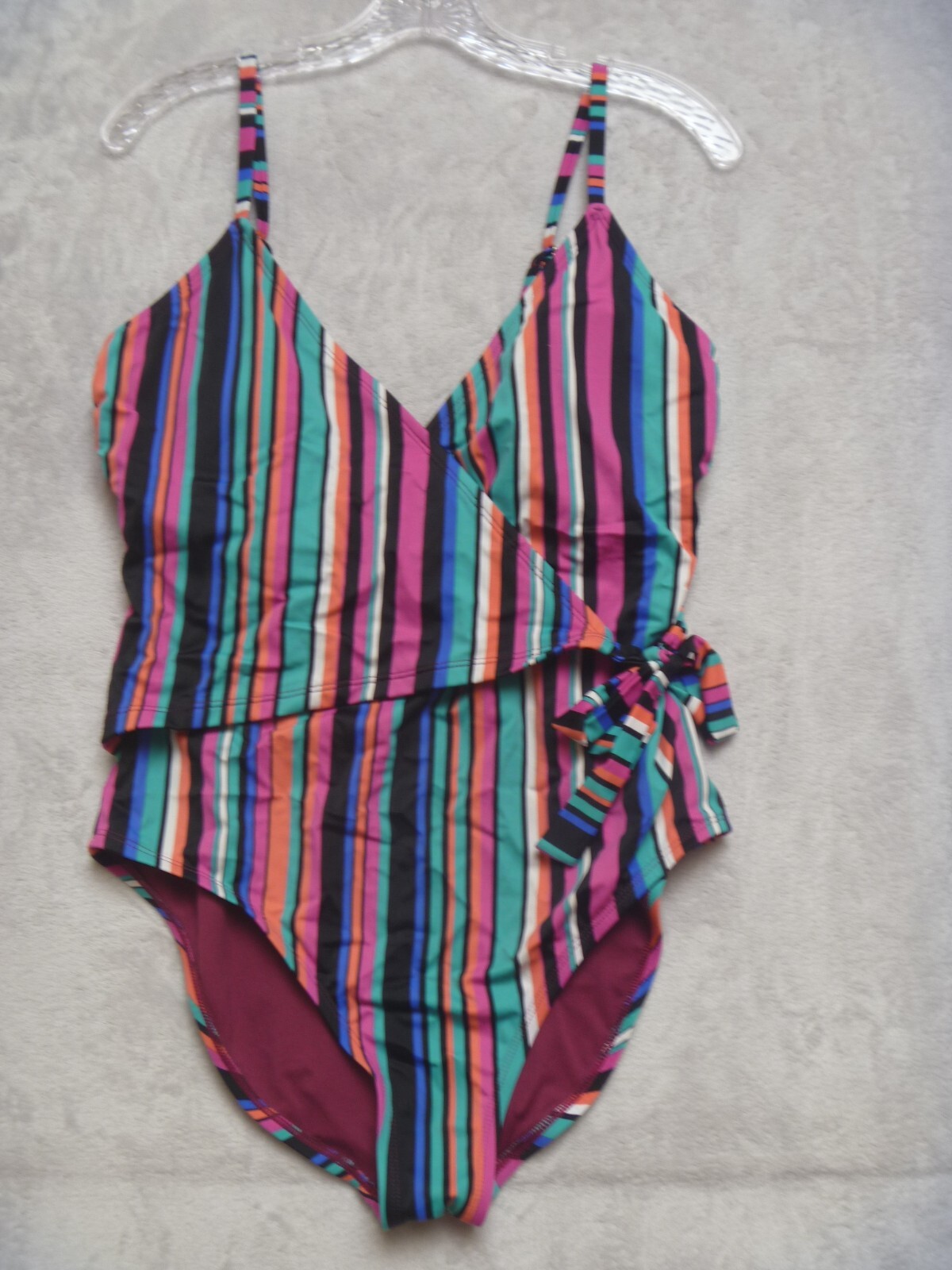 Women's DIP Striped Swimsuit Size L - Purple Green Black Figure Flattering-image