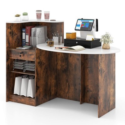 Reception Desk w/ Lockable Drawer & Adjustable Shelf Oval Tabletop for Store