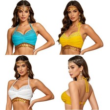 US Women Belly Dance Costume Shiny Sequin Rhinestone Bra Halter Lace-up Tops