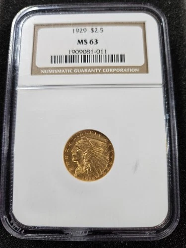 🌟 1929 Gold United States $2.5 Dollar Indian Head Quarter-Eagle Coin NGC MS63