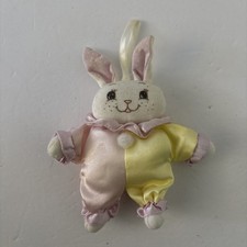 Vintage Russ Berrie Bunny Plush 5.5" Pink Yellow Satin Clown Jester Outfit Mini