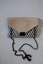 Womens Loeffler Randall White Black Natural Chain Strap Clutch Shoulder Handbag