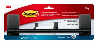 Hand Towel Bar Matte Black with Water Resistant Command Strips, Bathroom Décor,