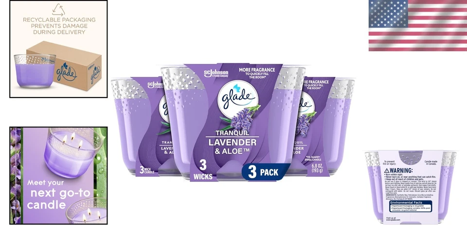 Pacote com 3 velas tranquilas perfumadas de lavanda e aloe - brilho e fragrância de longa duração - Imagem 2 de 4